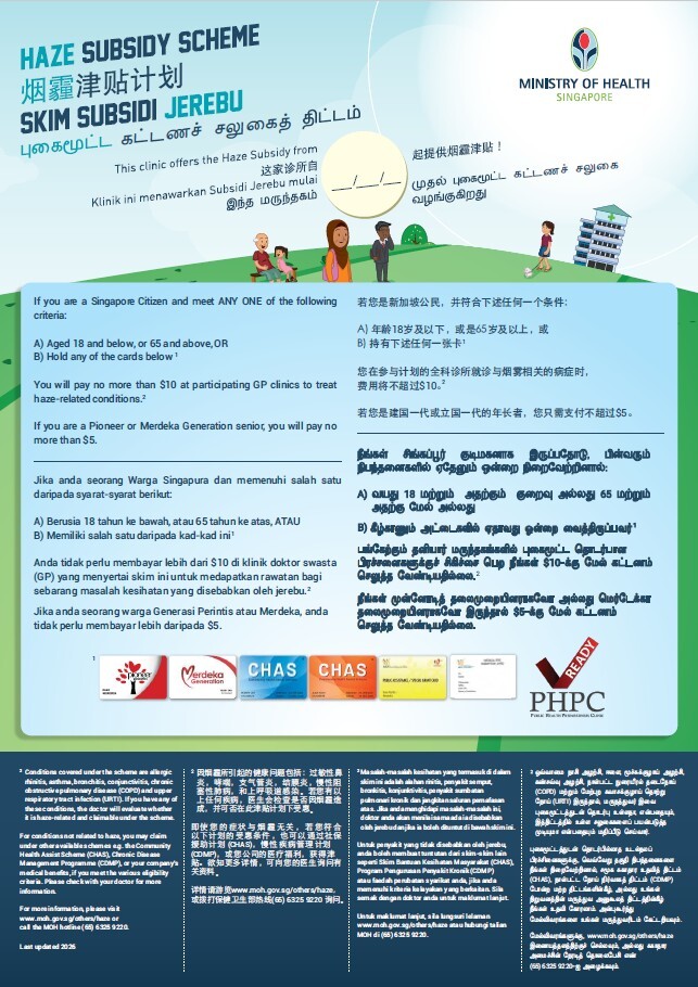 Ministry of Health Haze Subsidy Scheme poster listing who qualifies and the S$10 and S$5 fee caps
