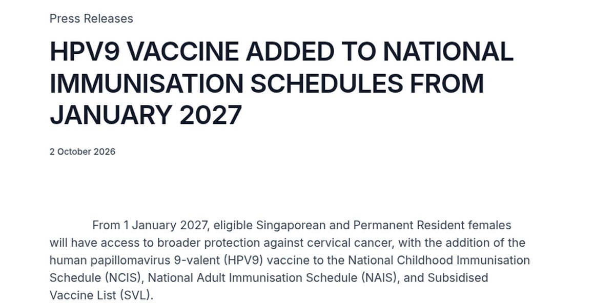 Ministry of Health press release headline: HPV9 vaccine added to national immunisation schedules from January 2027