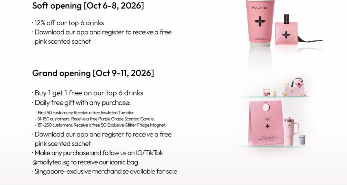 Molly Tea grand opening offers poster with the pink cup, tumbler and tote bag