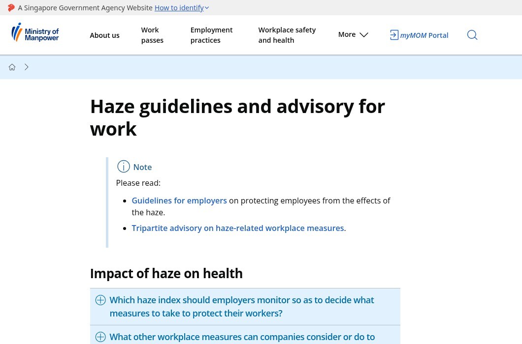 Ministry of Manpower haze guidelines and advisory for work page with links to employer guidance