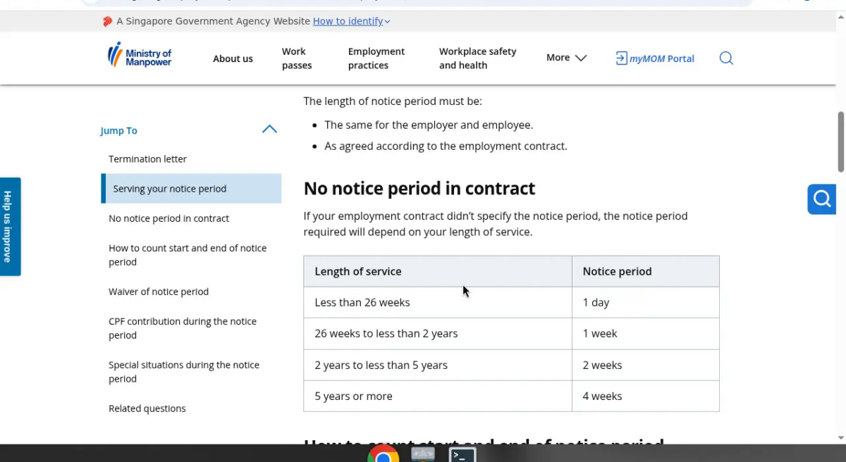 MOM table of default notice periods by length of service when the contract is silent