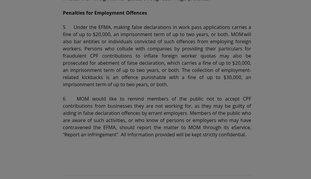 Crop of MOM press release penalties for employment offences section