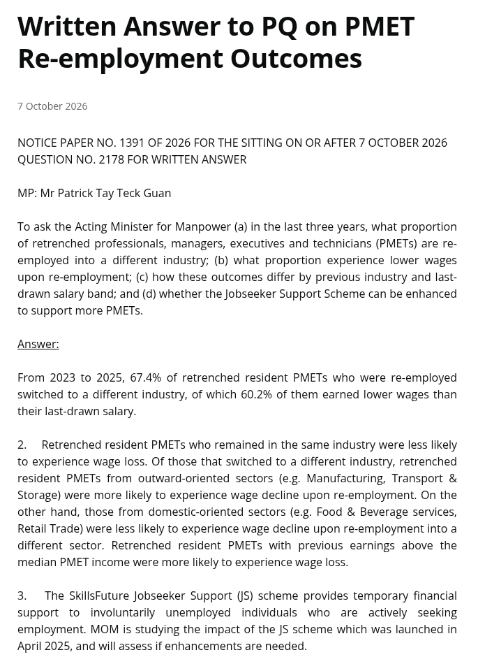 Ministry of Manpower written answer on PMET re-employment outcomes dated 7 October 2026