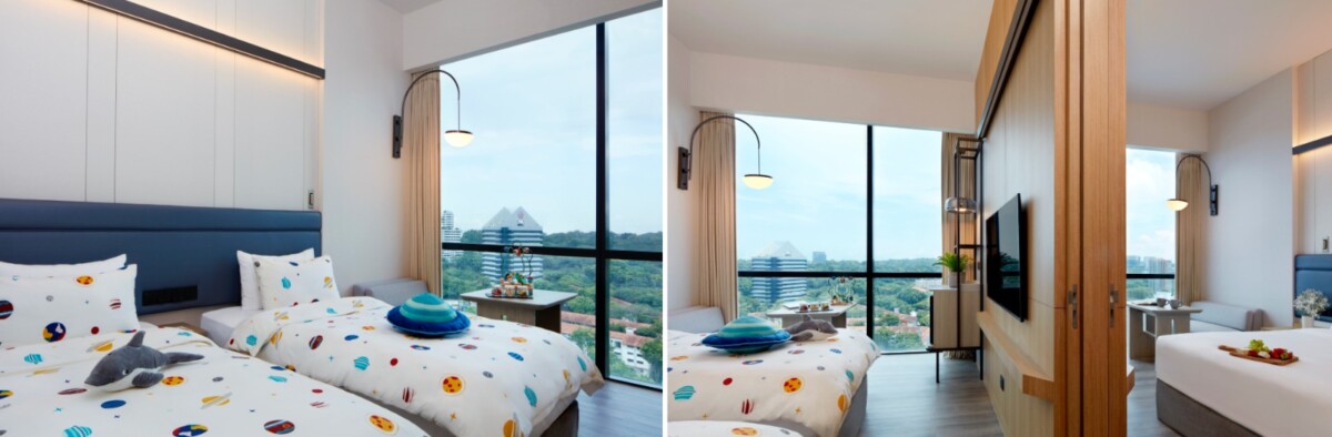 Momentus Hotel Alexandra Family Moments package — kids connecting room with space-themed bedding and adult room with city view