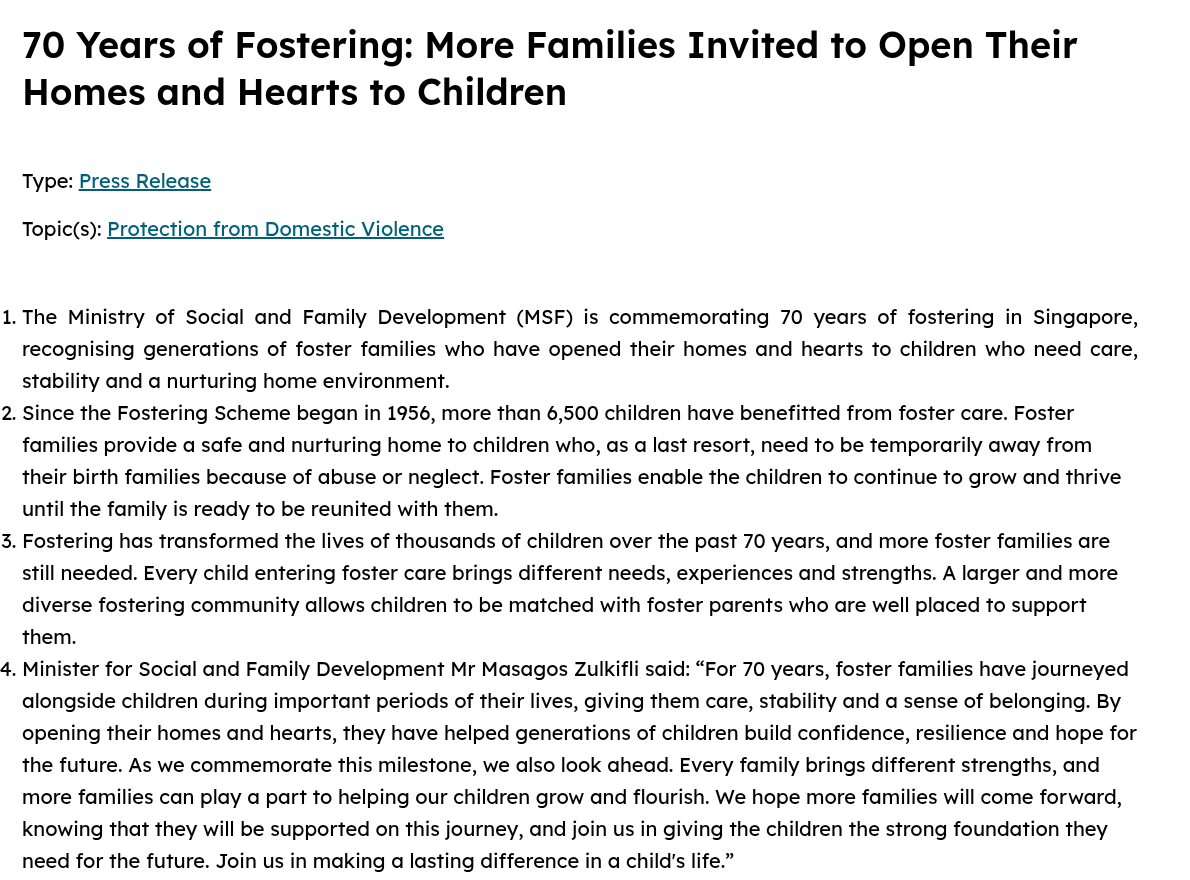 MSF media release titled 70 Years of Fostering: More Families Invited to Open Their Homes and Hearts to Children