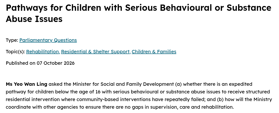 Ministry of Social and Family Development reply on pathways for children with serious behavioural or substance abuse issues
