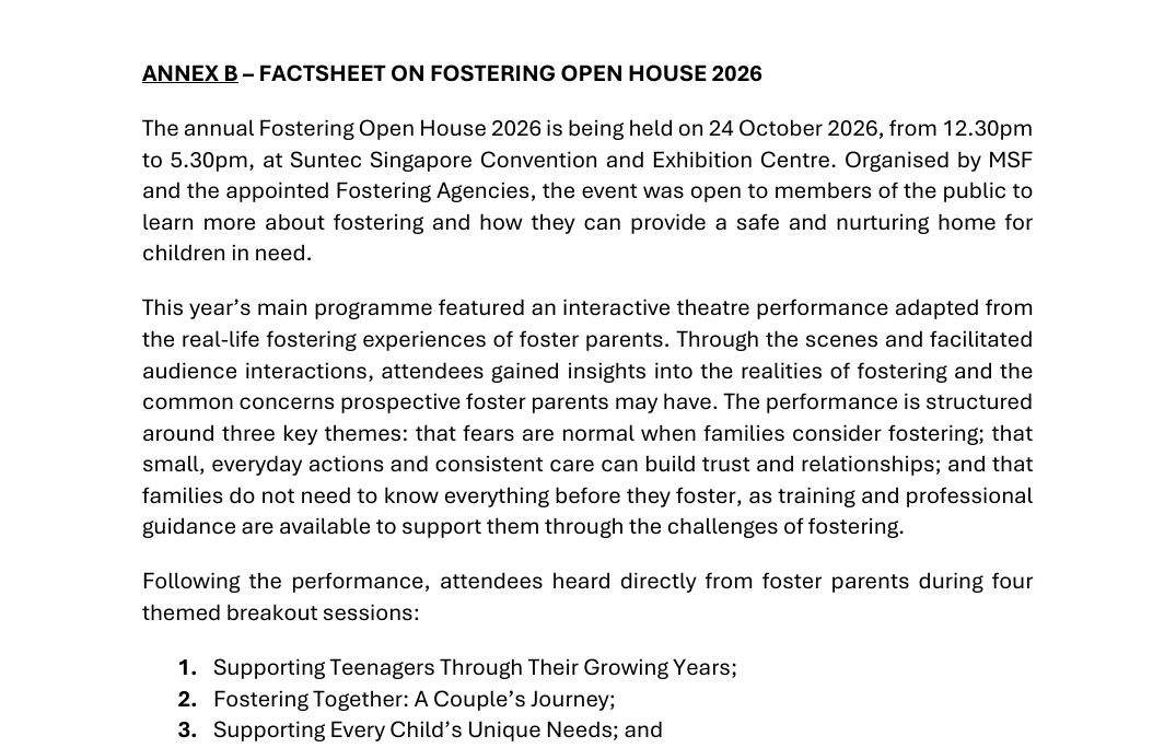 MSF factsheet on the Fostering Open House 2026 at Suntec Singapore