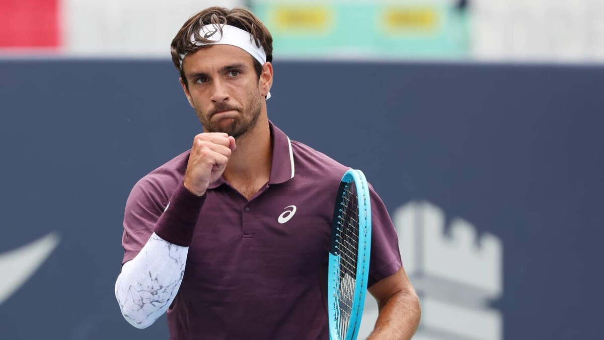 Lorenzo Musetti in action at the Mubadala DC Open 2026 in Washington DC