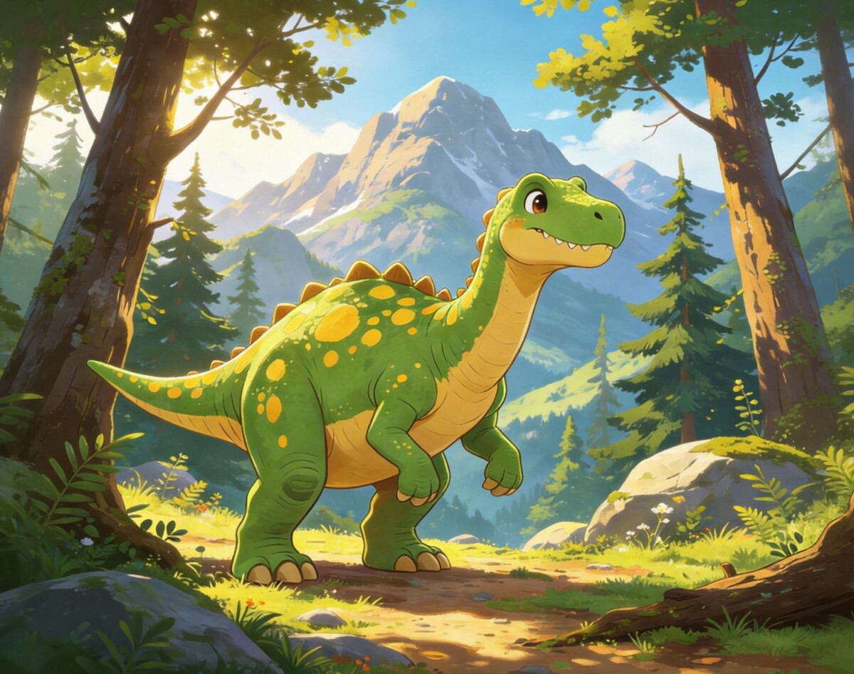 Sample illustration of a green dinosaur in a forest, one of the art styles the Insta magiBox can print