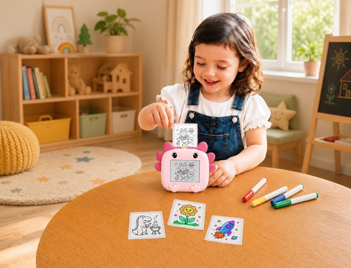 Child using the myFirst Insta magiBox sticker printer at a table with coloured markers
