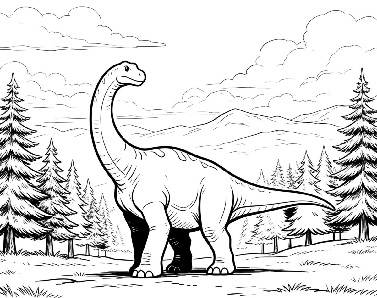 Detailed black and white line print of a long-necked dinosaur in a forest from the Insta magiBox