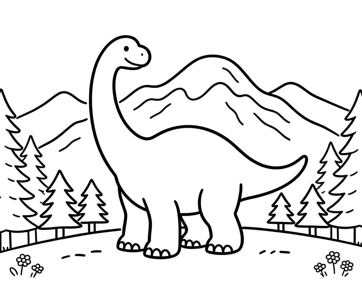 Black and white outline print of a long-necked dinosaur ready for colouring, made with the Insta magiBox