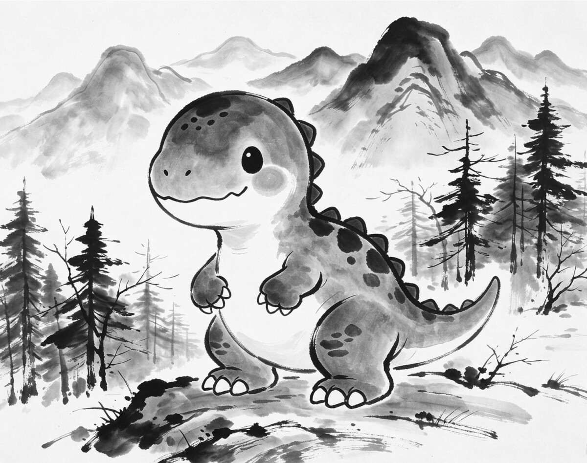 Ink splash style sample print of a baby dinosaur in the mountains from the Insta magiBox