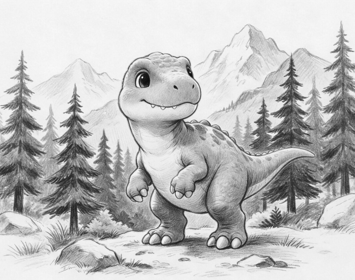 Pencil art style sample print of a baby dinosaur in a pine forest from the Insta magiBox
