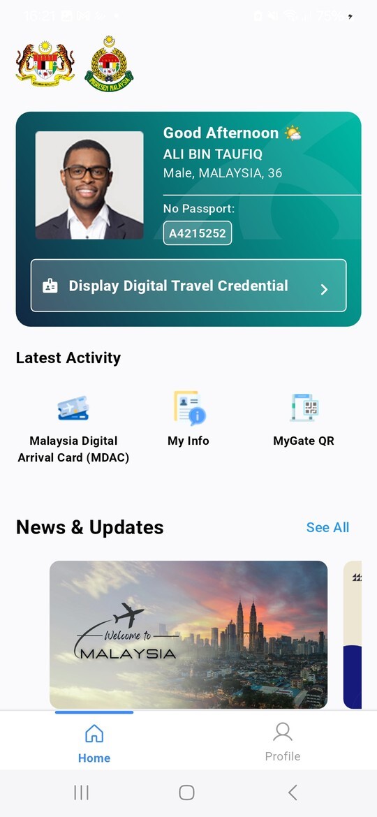 MyNIISe app home screen with digital travel credential, MDAC and MyGate QR tiles