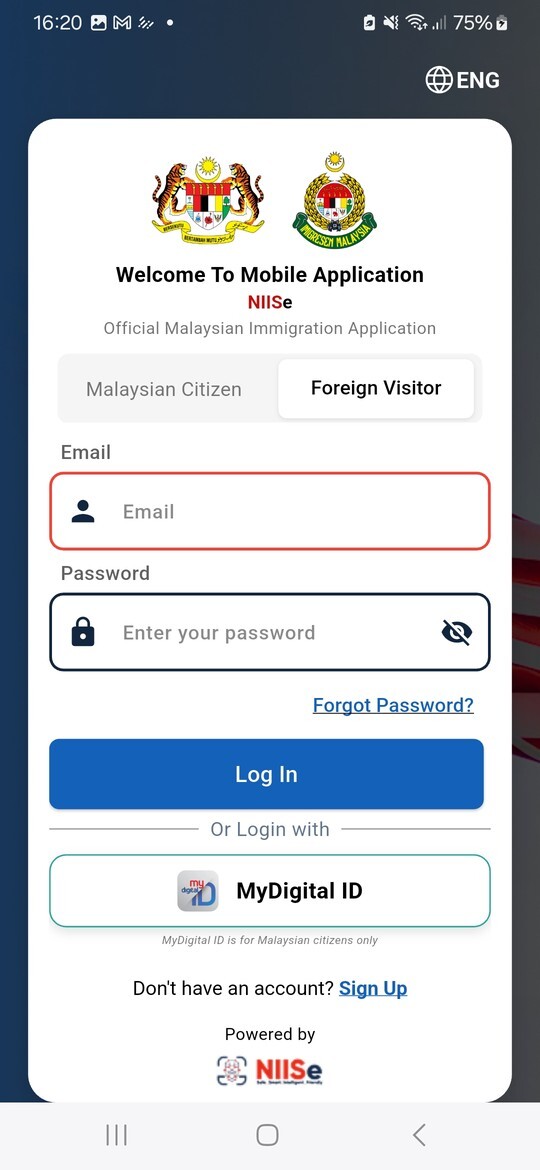 MyNIISe app login screen with separate Malaysian citizen and foreign visitor tabs