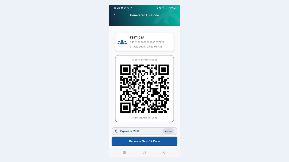 MyNIISe QR immigration app screen showing a generated QR code valid for border crossing