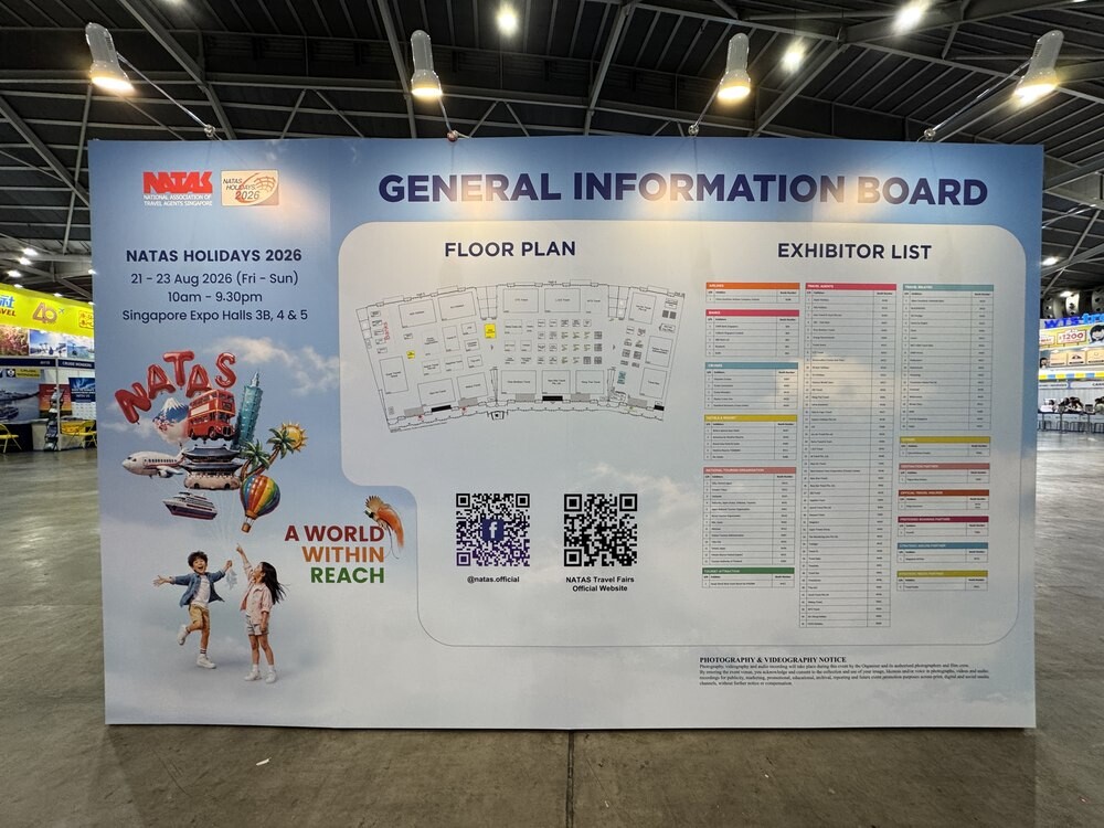 Wide shot of the NATAS General Information Board showing the floor plan and full exhibitor list