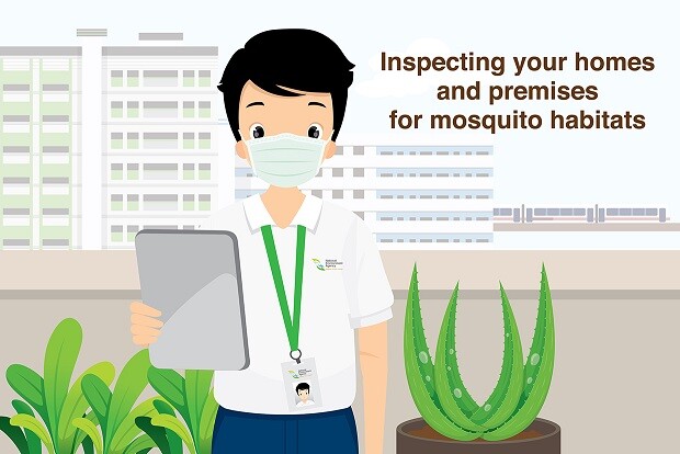 NEA illustration of an officer with a tablet inspecting a home for mosquito breeding habitats