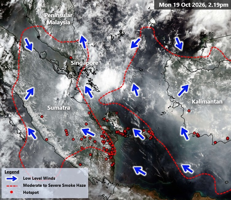 MSS satellite map of hotspots, smoke haze and low-level winds around Singapore on 19 October 2026