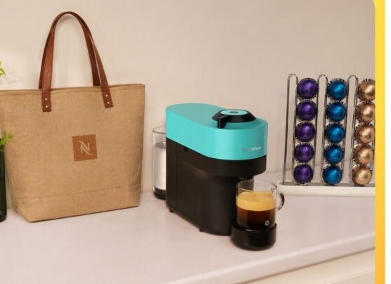 Nespresso Vertuo Pop+ machine with Vertuo Vertical Dispenser and jute tote bag