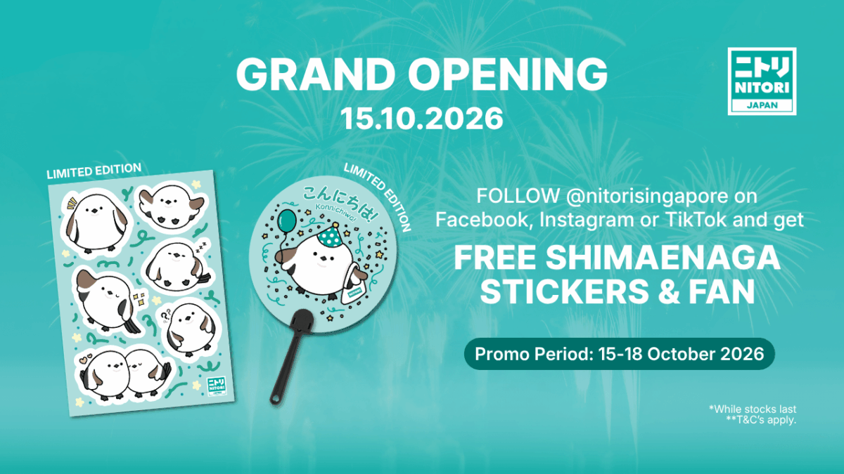 NITORI grand opening graphic for 15 October with Shimaenaga bird sticker sheet and hand fan