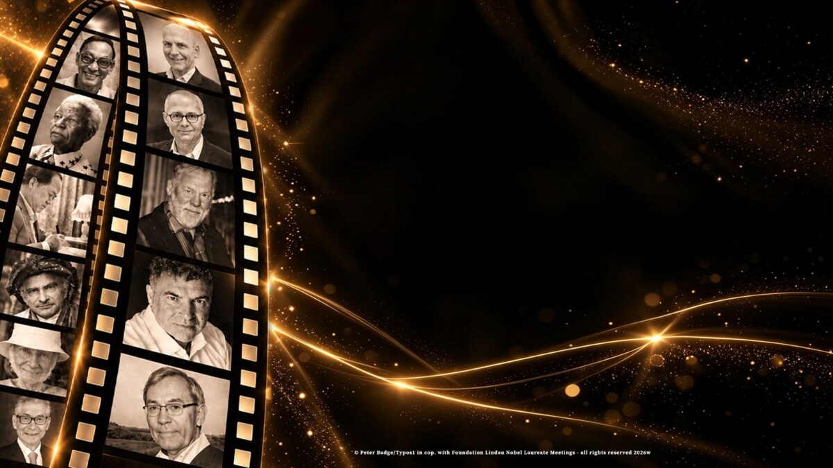 Sepia portraits of Nobel Laureates by Peter Badge arranged on a curling film strip