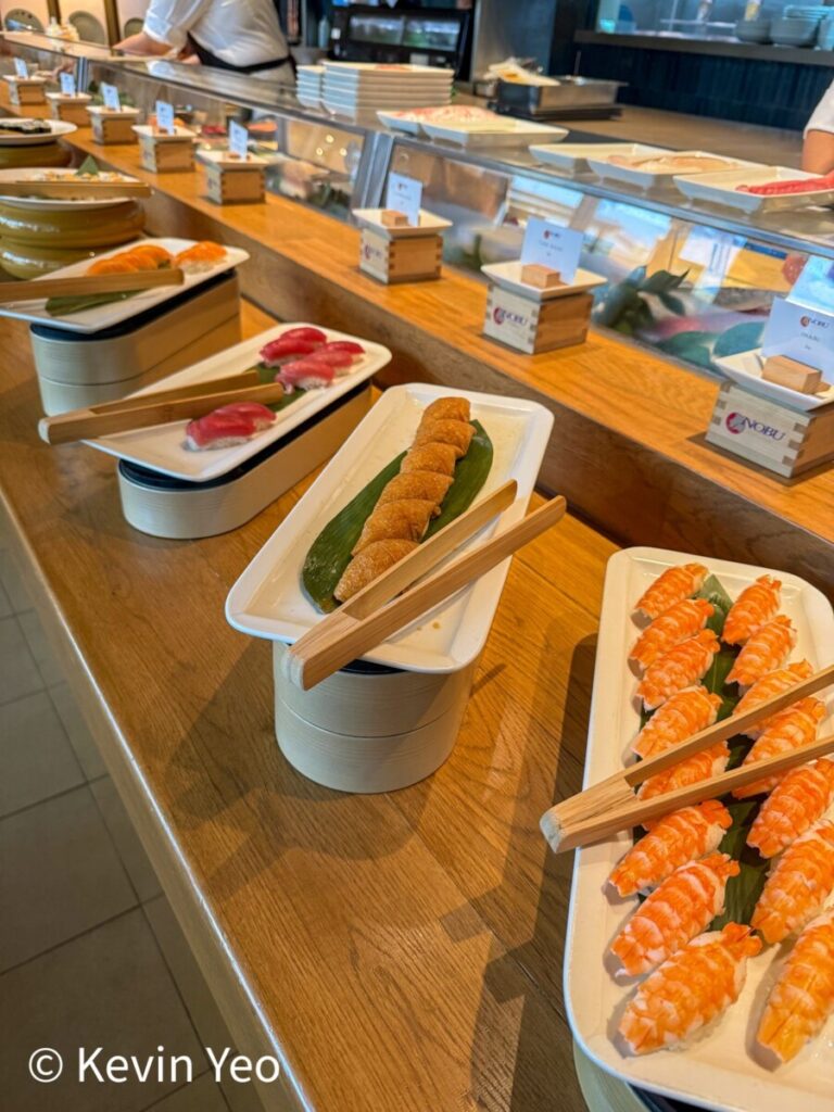 Sushi nigiri line with ebi, inari, tuna and salmon