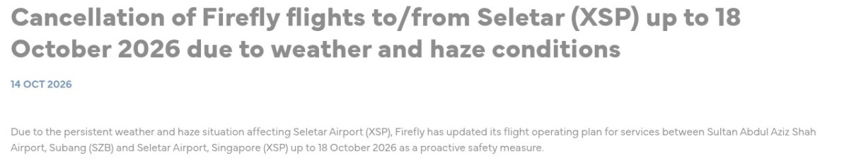 Firefly notice on Seletar flight cancellations up to 18 October 2026