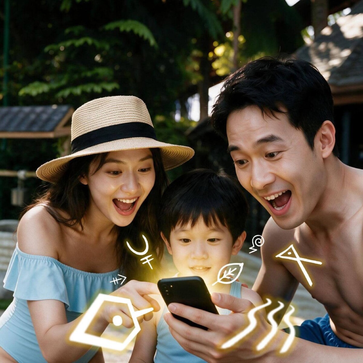 Family looking at a phone during the Legend Keepers treasure hunt at Adventure Cove Waterpark