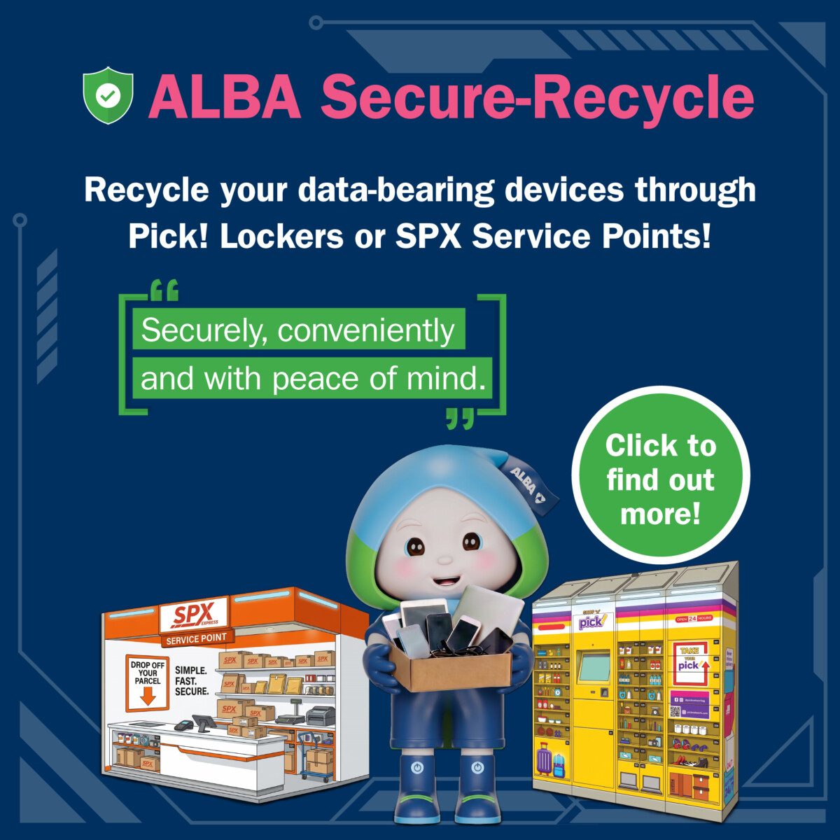 ALBA Secure-Recycle graphic with mascot holding old phones between an SPX service point and a Pick! locker