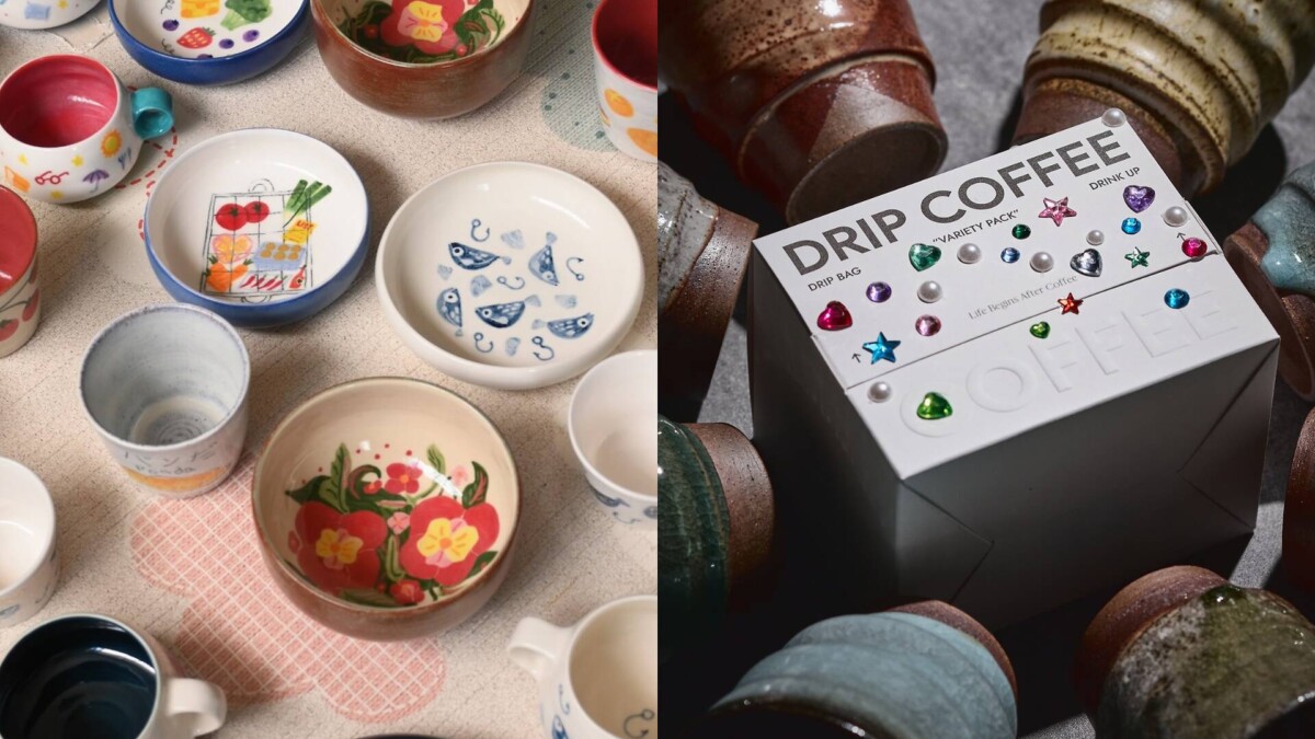 Hand-painted ceramic bowls and cups beside PottersCafe drip coffee for Made Here at The Potters’ Guilt