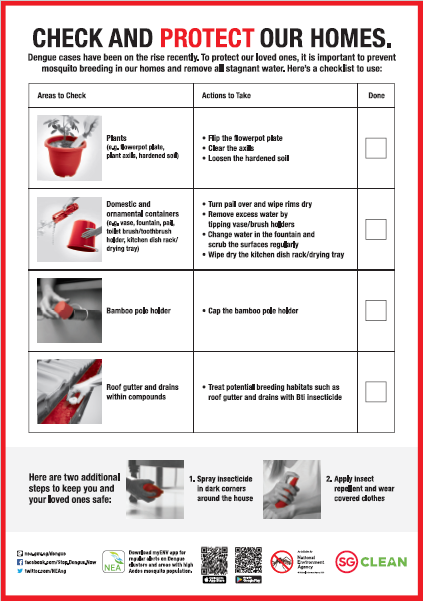 NEA Check and Protect Our Homes checklist for plants, containers, bamboo pole holders and roof gutters