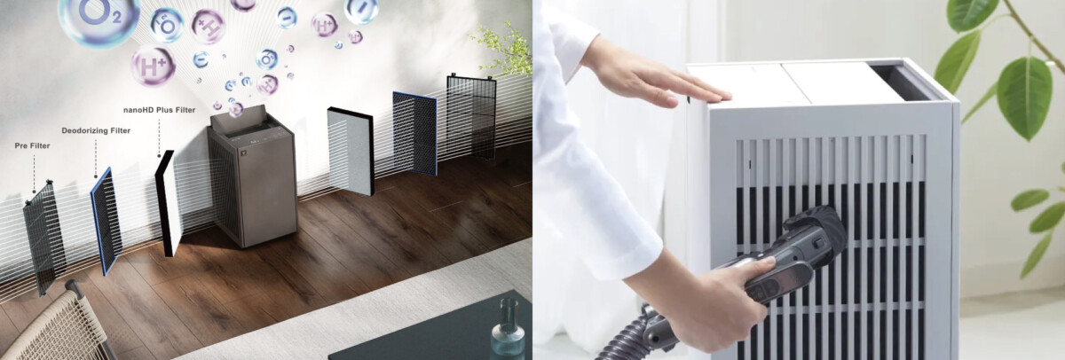 SHARP Purefit filter layers and pre-filter cleaning with side panels attached