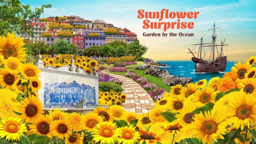 Sunflower Surprise Garden by the Ocean key visual with sunflowers, Lisbon houses and a Portuguese carrack