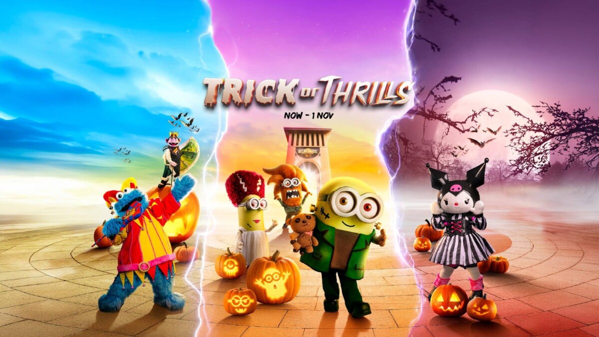 Trick or Thrills key visual with Minions, Kuromi and Sesame Street characters in Halloween costumes
