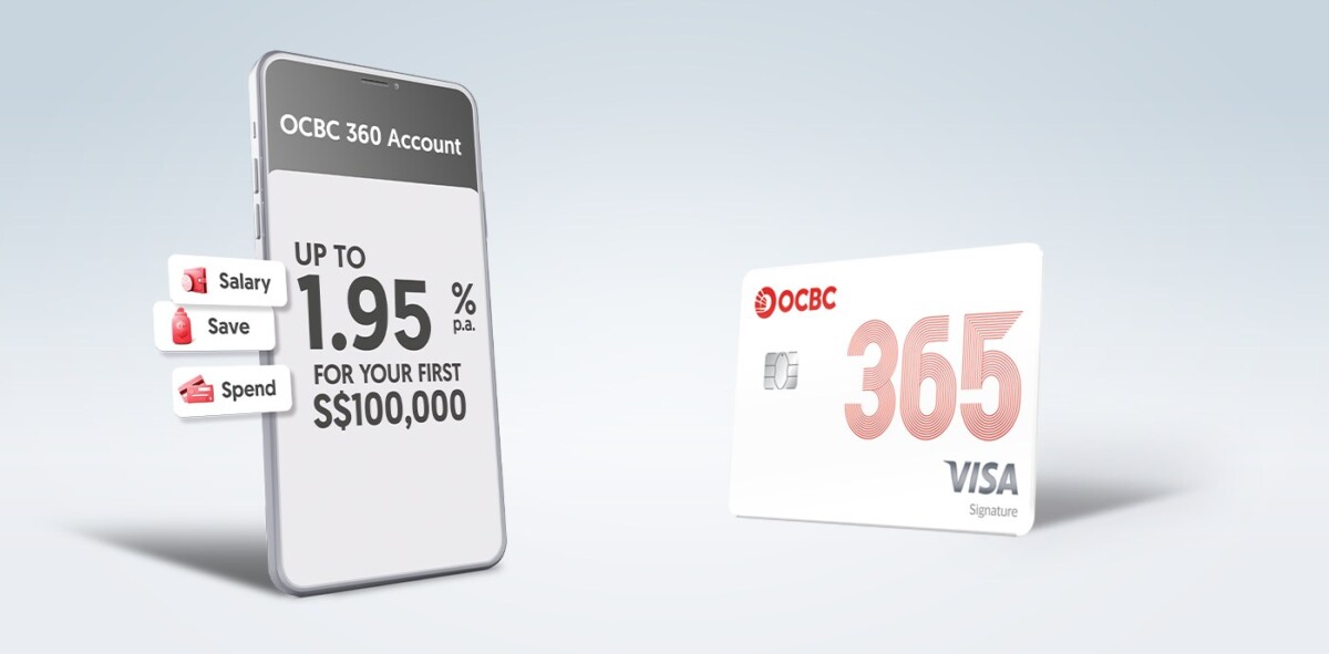OCBC 365 Credit Card beside a phone showing the OCBC 360 Account
