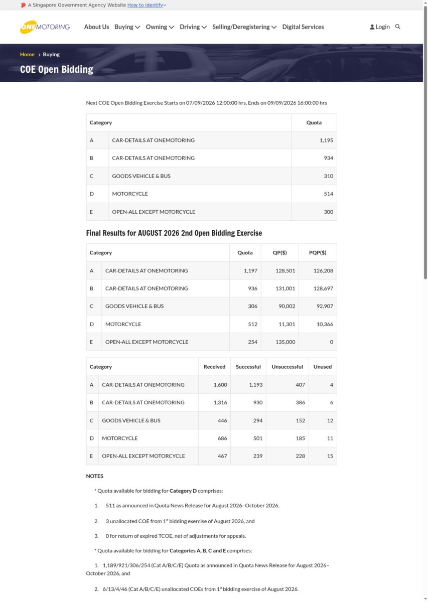 OneMotoring page showing next COE bidding 7 to 9 September 2026 with category quotas