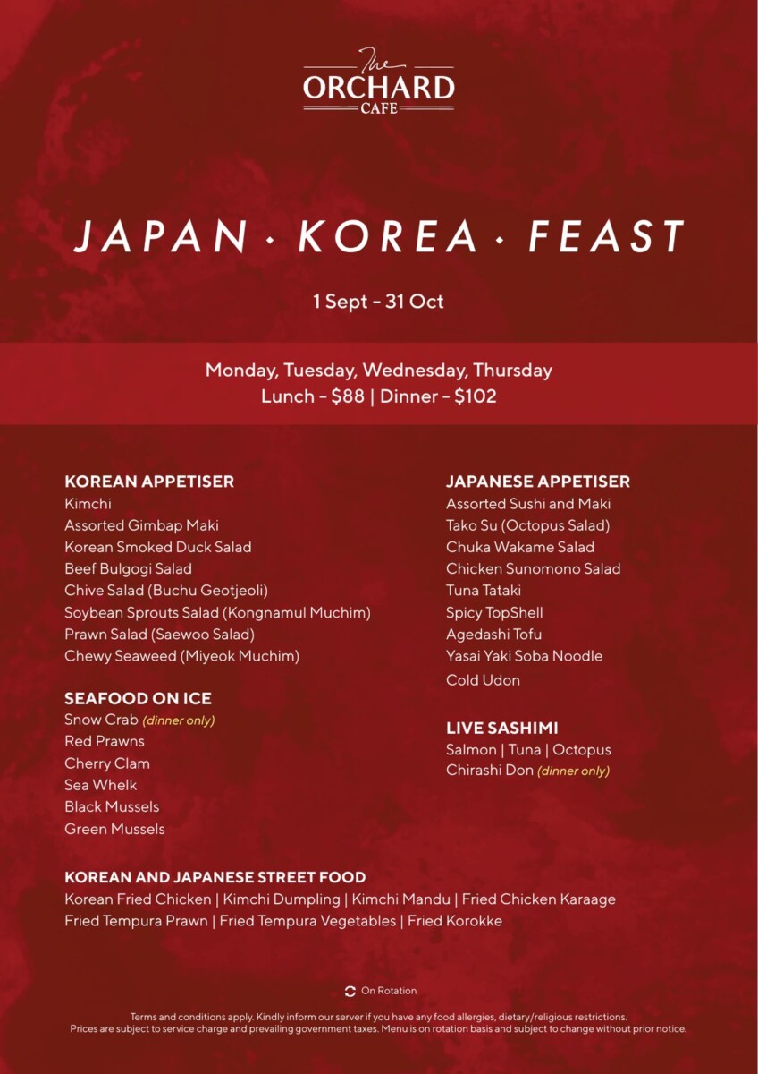 Published weekday buffet menu for Japan Korea Feast from S$88