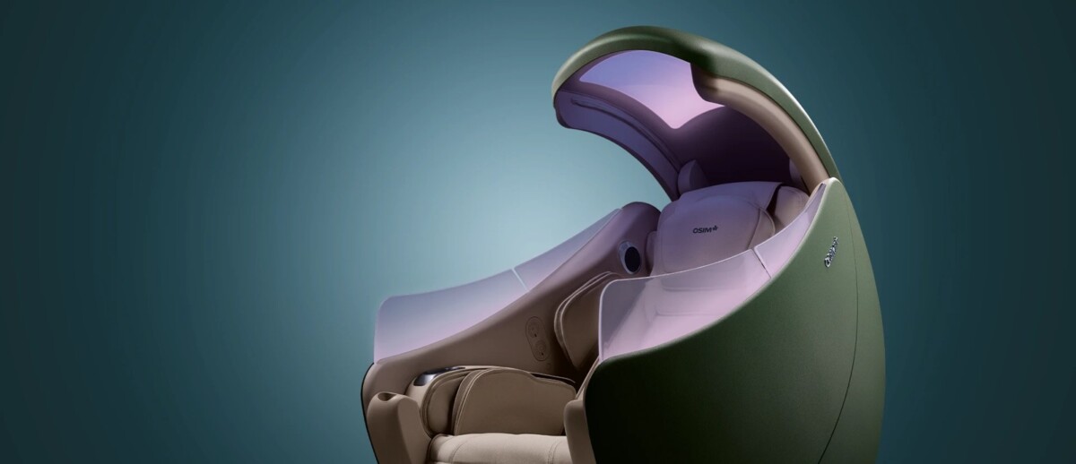 OSIM uDream.AI Well-Being Chair with its shell-shaped canopy, a TIME Best Inventions 2026 pick