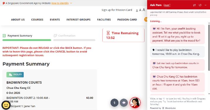 onePA booking page with an AI assistant chat panel arranging a badminton court booking