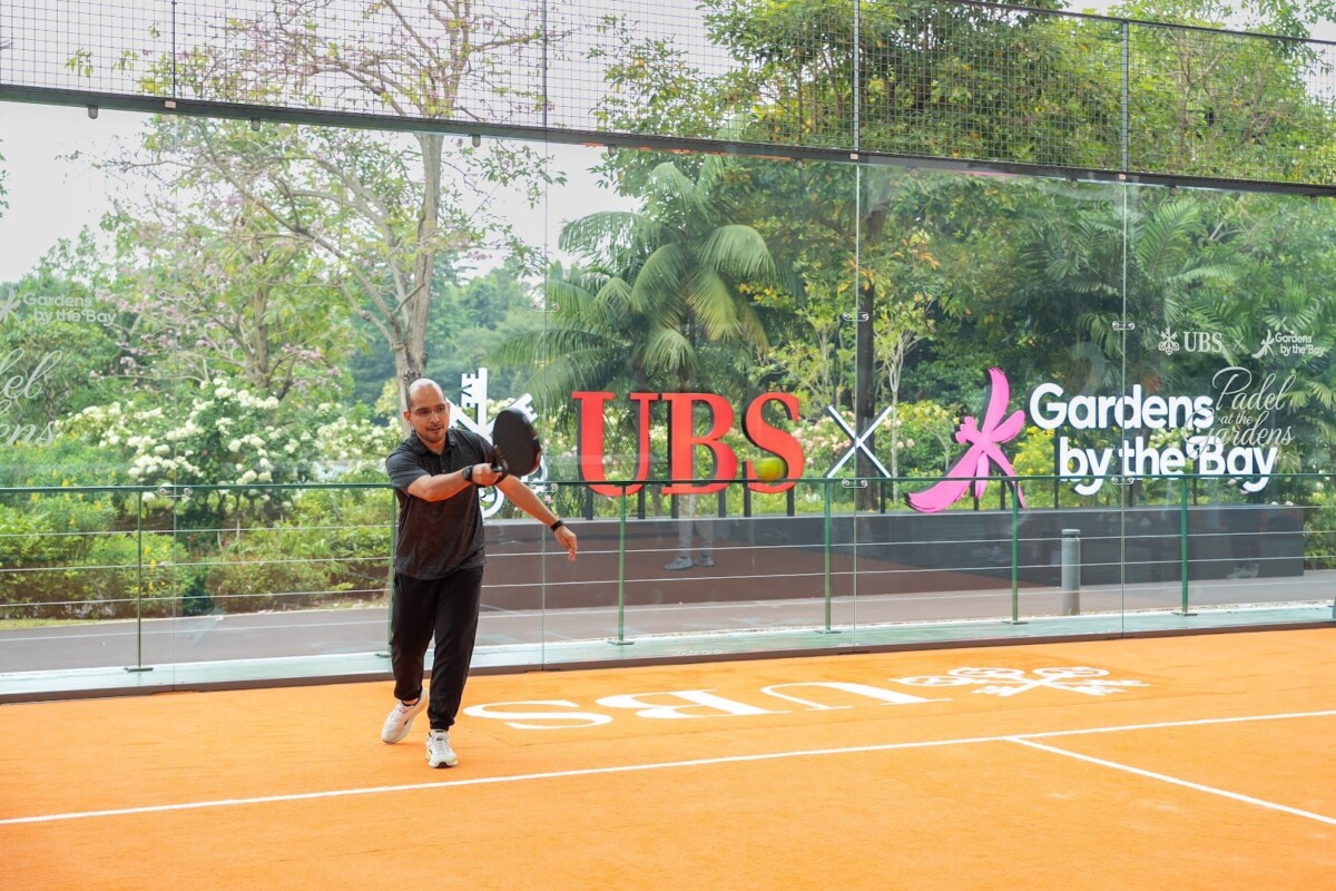 A padel rally at Padel at the Gardens Singapore