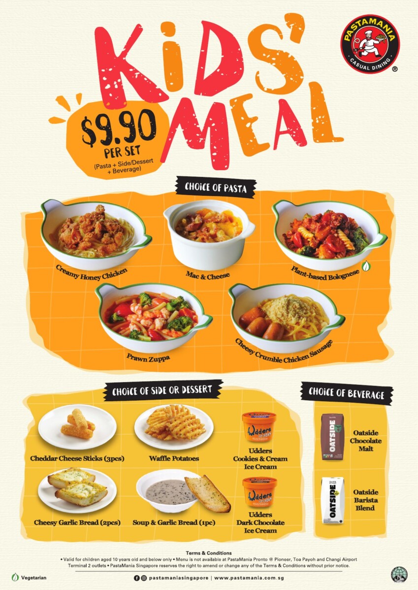 PastaMania Kids' Meal menu showing five pastas, sides, desserts and Oatside drinks at S$9.90