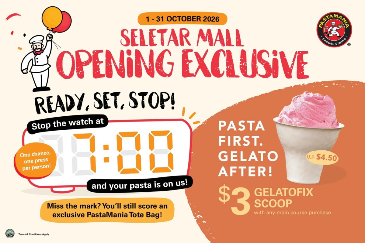 PastaMania Seletar Mall opening poster with stopwatch challenge and S$3 GelatoFix scoop offer