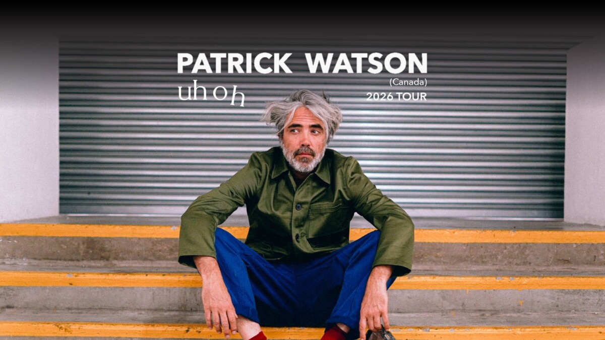 Patrick Watson in a green jacket seated on steps under the Uh Oh 2026 Tour title