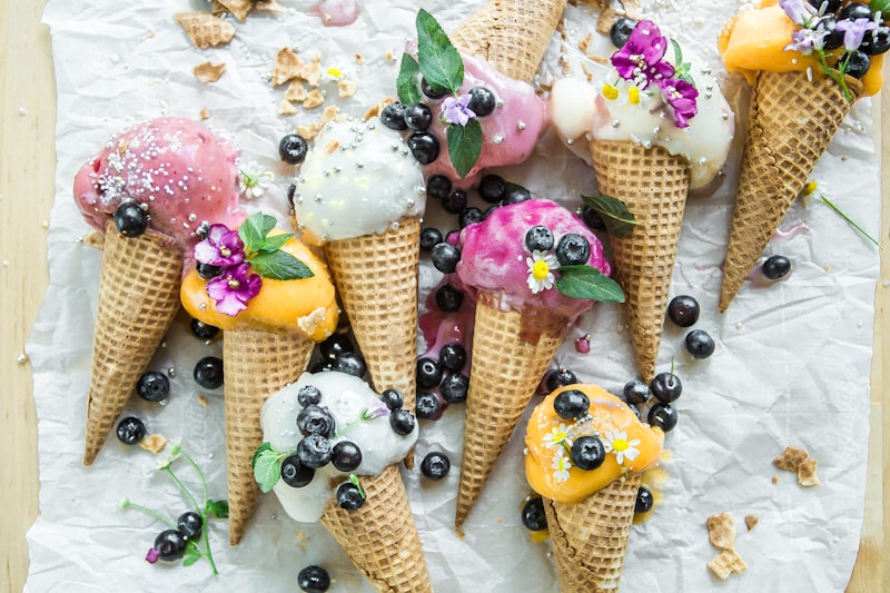 Colourful gelato scoops in a display