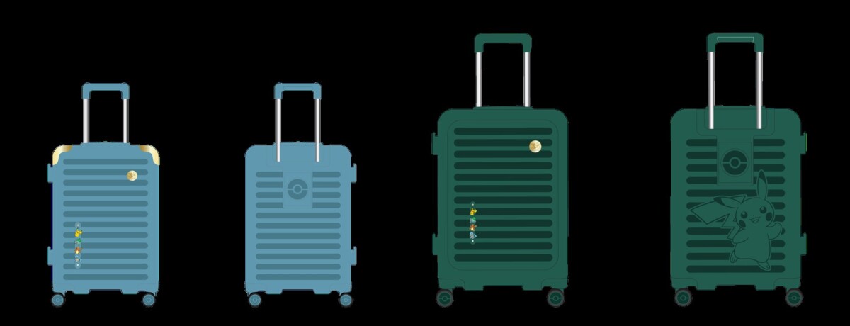 Two blue and two green Pokémon-themed suitcases, cabin-sized and check-in, for Changi Airport