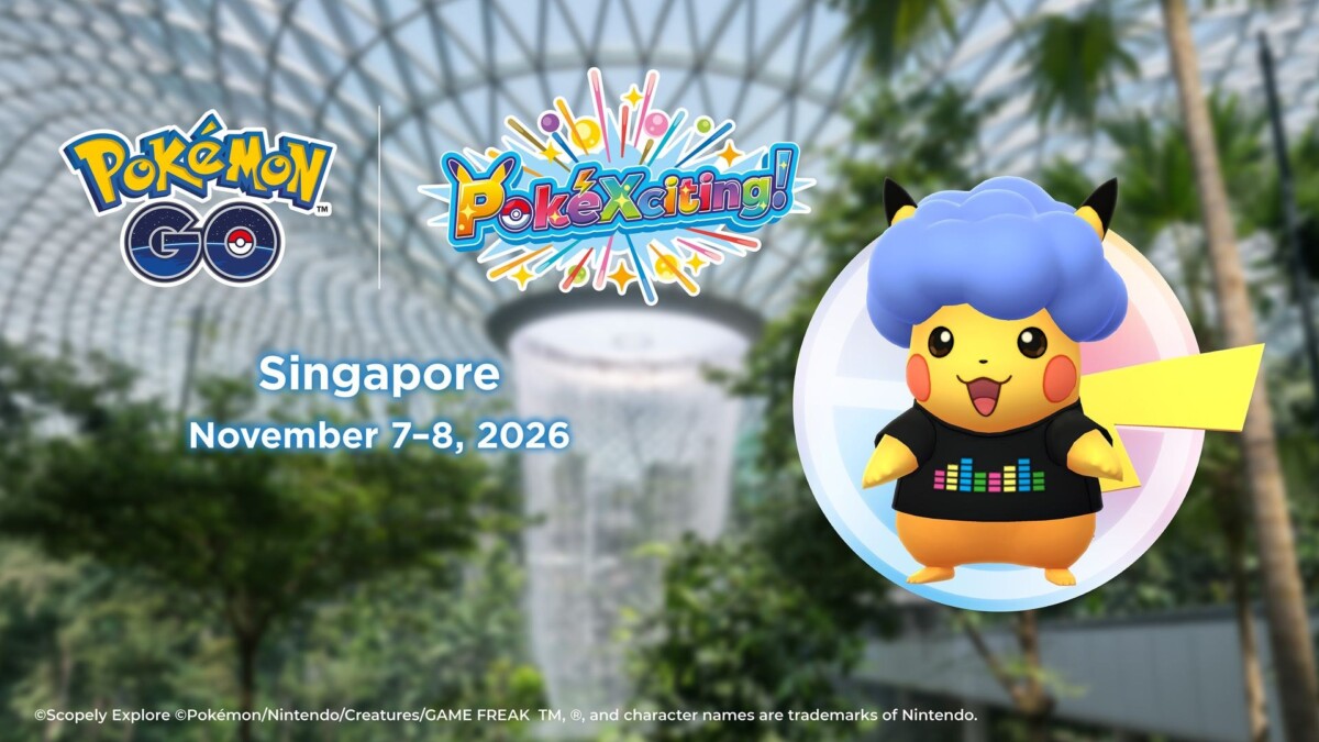 Pokémon GO PokéXciting! Singapore artwork showing Pikachu in a blue wig and black T-shirt at Jewel