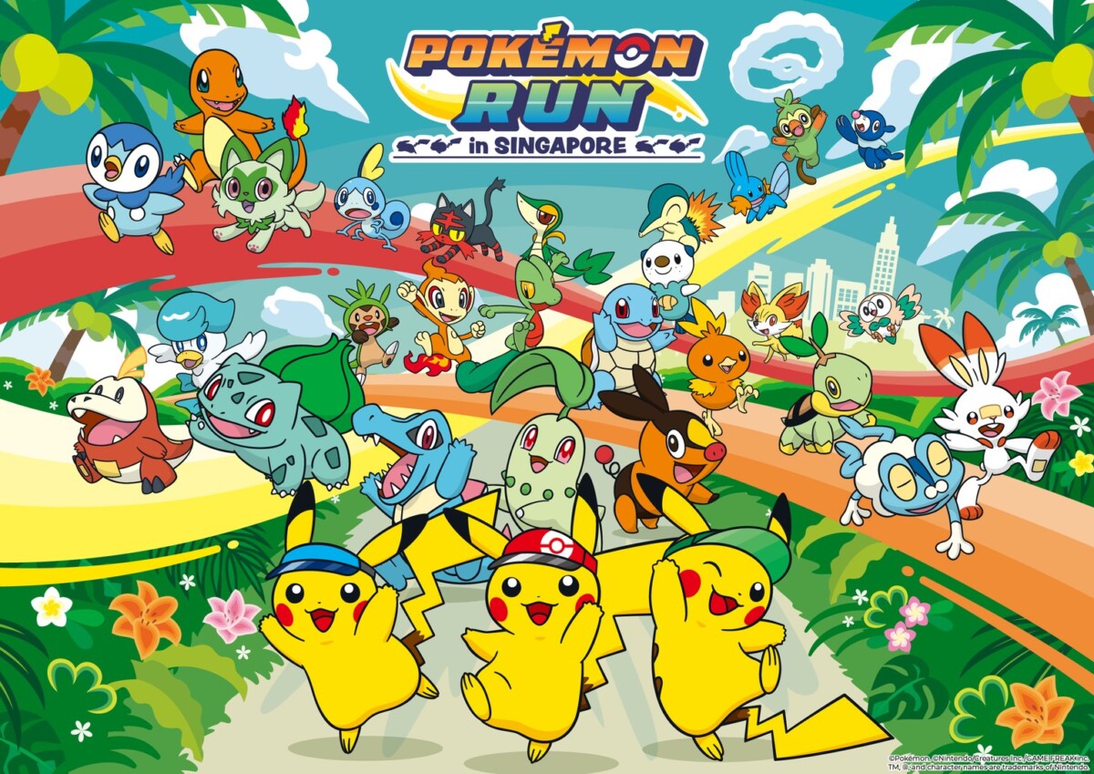 Pokémon RUN in Singapore key visual with Pikachu and first partner Pokémon running along a rainbow path