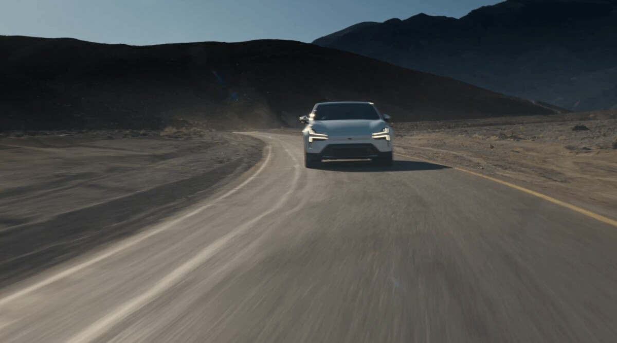 White Polestar 4 electric SUV coupe front three-quarter, official Polestar photograph